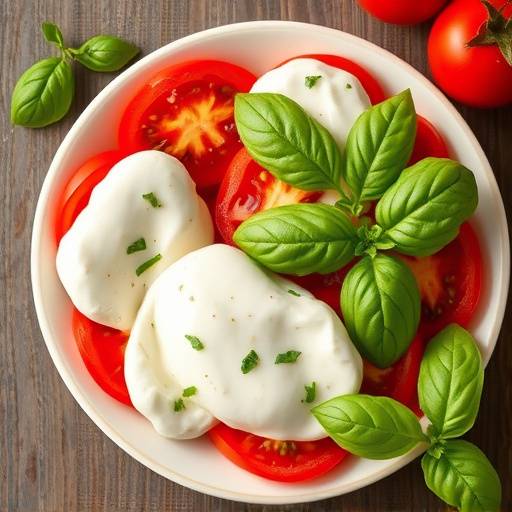 Mozzarella di bufala campana DOP fresca e cremosa servita su un piatto con pomodorini e basilico