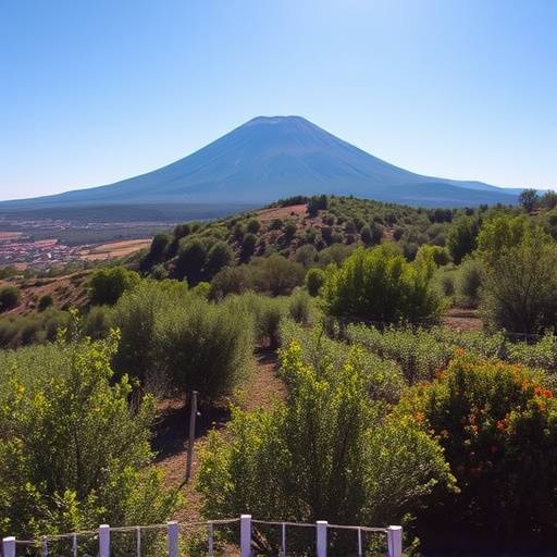 Paesaggio siciliano con vista sull'Etna fumante e un campo di agrumi in primo piano