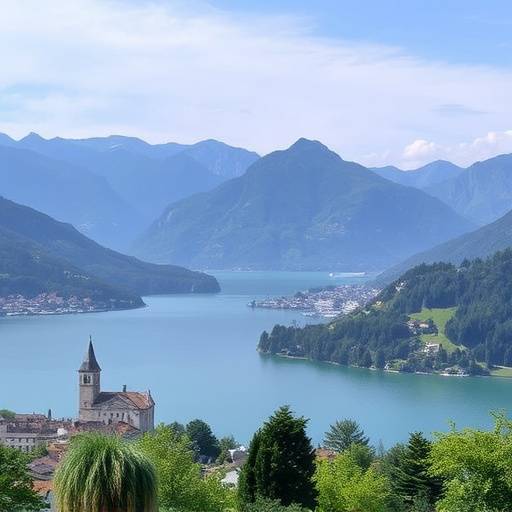 Paesaggio tipico della Lombardia con vista sul Lago di Como e montagne sullo sfondo