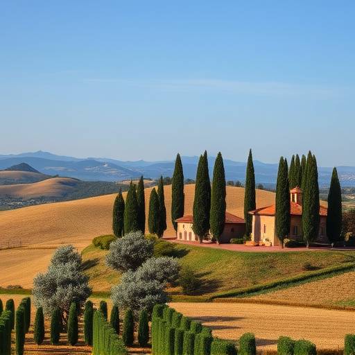 Paesaggio toscano con colline dolci, cipressi e una casa colonica in lontananza