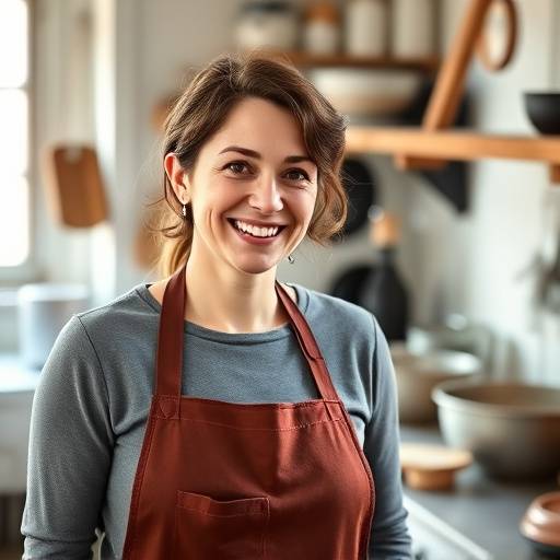 Ritratto di Elena Martini, fondatrice di Arte & Passione Italiana, sorridente con indosso un grembiule da lavoro.