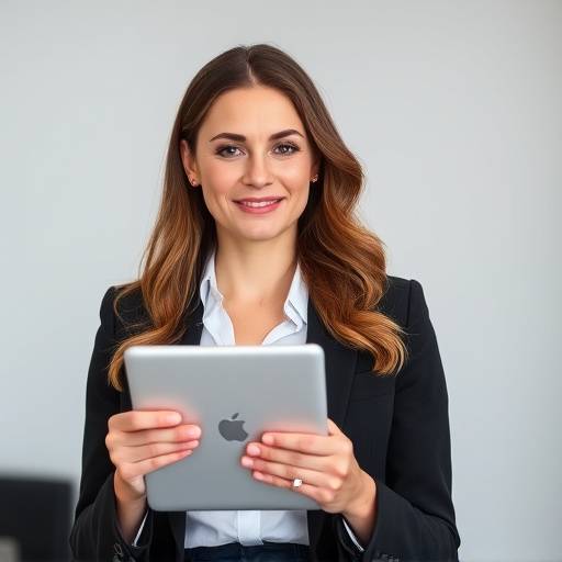 Ritratto di Giulia Bianchi, responsabile vendite di Arte & Passione Italiana, con un tablet in mano, sembra pronta a presentare i prodotti.