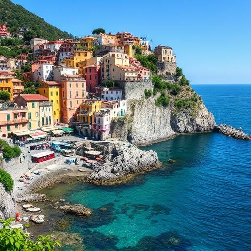 Veduta panoramica della Costiera Amalfitana con case colorate arroccate sulla costa e mare cristallino